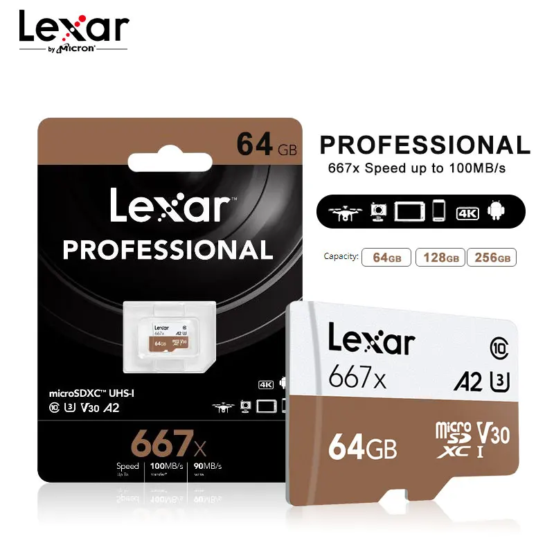 Карта памяти Lexar Professional 667x 64 ГБ A2 высокая скорость 100 МБ/с. V30 класс 10 карта Mirco SD 128 256