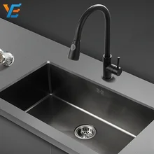 Многофункциональная кухонная раковина 304 из нержавеющей стали проволока Рисование черная одна чаша слив холодной и горячей воды кран раковина 00021