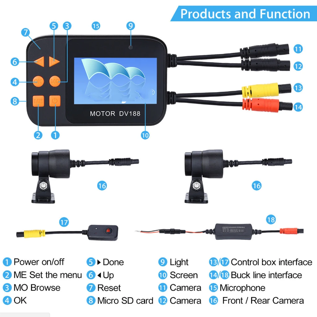 1 Set DV188 Action Camera Motorcycle FHD 1080P DVR Camcorder 2.7 Inch LCD Video Recorder 130° 2 Waterproof Camera Multi-language