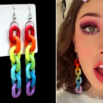 

2020 Personality Fashion Women Acrylic Rainbow Chain Long Colorful Dangle Ear Clip Hook Earrings Club Charms Jewelry Accessories