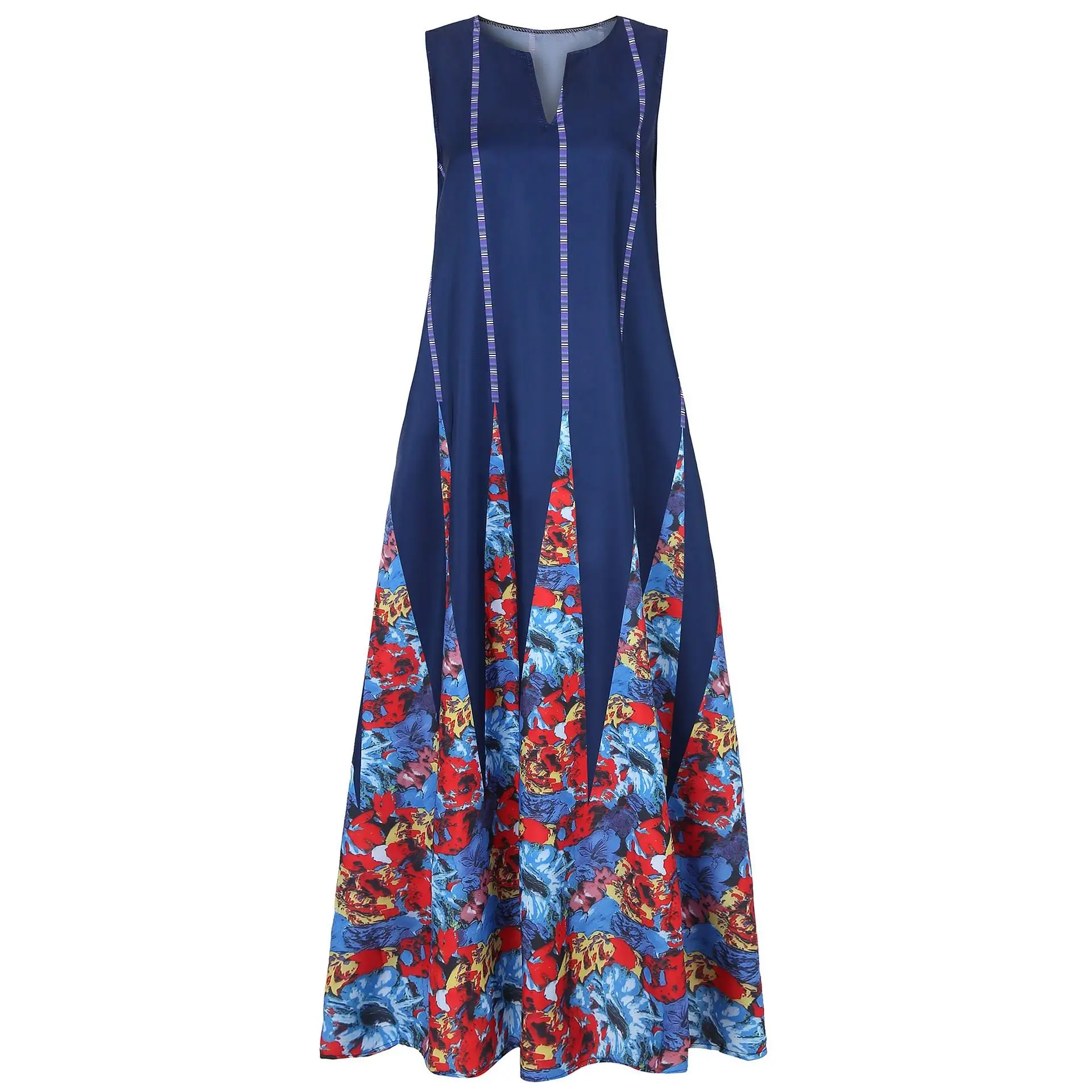 

2019 Women Bohemian 5 Xl Plus Size Dress Loose Casual Print Vintage Dress Summer V Neck Sleeveless Maxi Dress