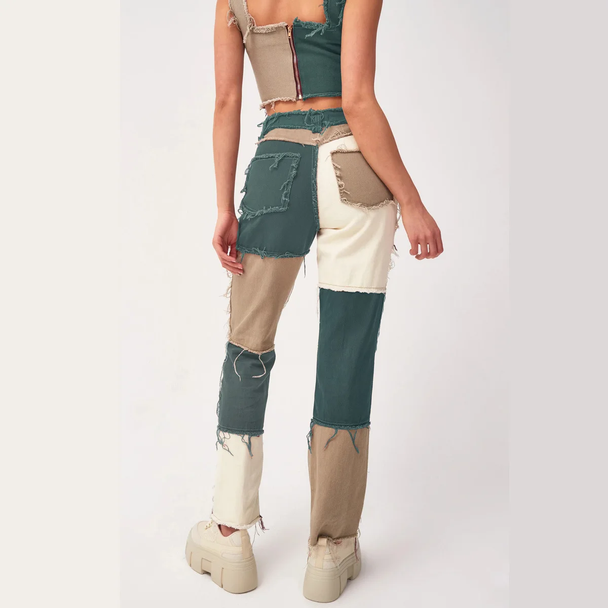 Brown Patchwork Jeans Women's Stitching 