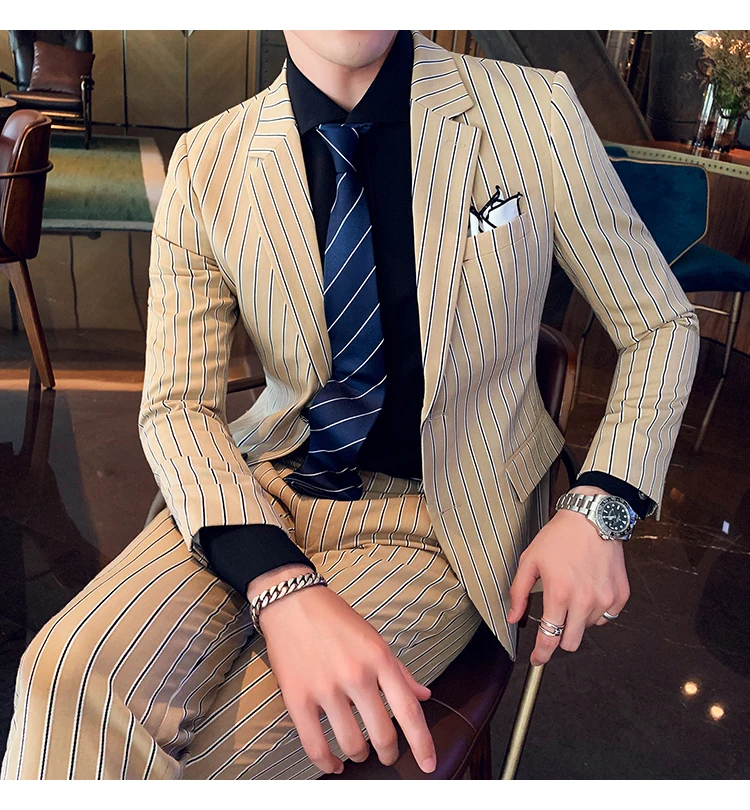 trajes para hombre мужские костюмы наборы костюм жениха деловая повседневная одежда костюмы для выпускного вечера полосатые Дизайнерские мужские модные пальто брюки 2 шт