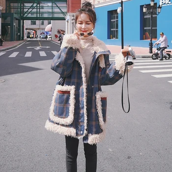 Women Woolen Jacket Winter Korean Mid-Length Lamb Wool Warmth Stitching Plaid Loose Big Pocket Coat