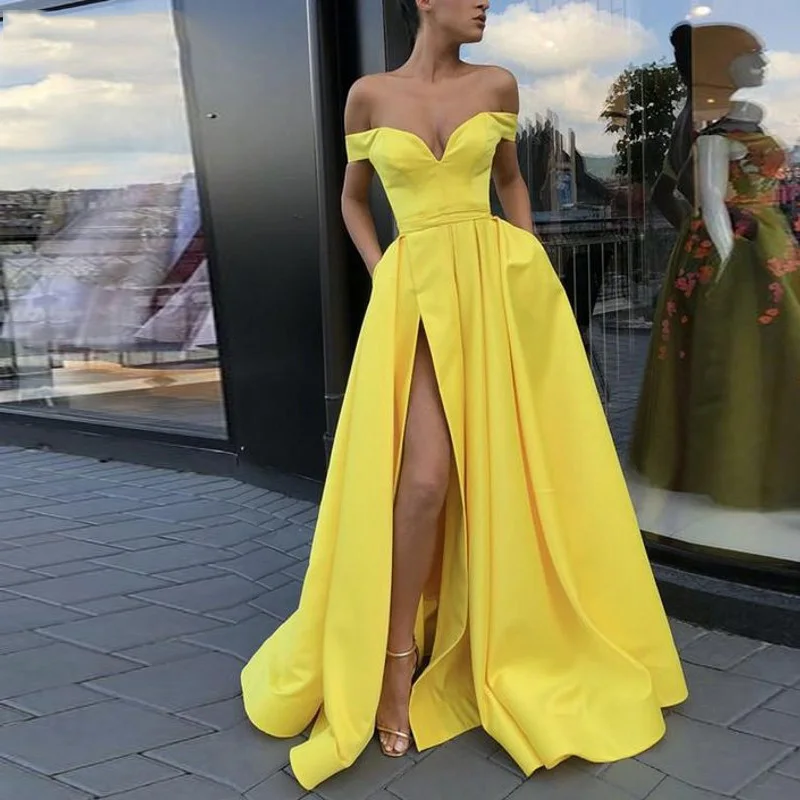 Plus Size Geel Satijn Avondjurken Lange Off Shoulder V-hals Hoge Split Formele Jurk Sexy Robe De Soiree Dames Party gown Plus Size Geel Satijn Avondjurken Lange Off Shoulder V-hals Hoge Split Formele Jurk Sexy Robe De Soiree Dames Party gown
