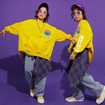 

Kid Cool Yellow Print Sweatshirt Shirt Tops Running Casual Hip Hop Pants Clothing for Girls Boy Jazz Dance Costume Clothes wear