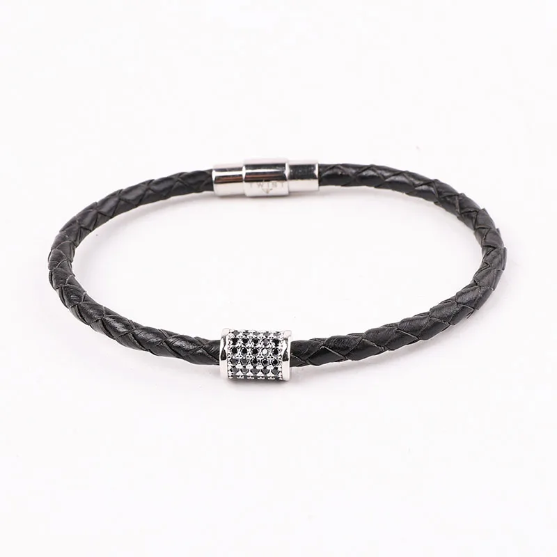 High Quality 316L Stainless Steel Clasp CZ Pave Tube Genuine Leather Bracelet Men Jewelry Gift - Image 4