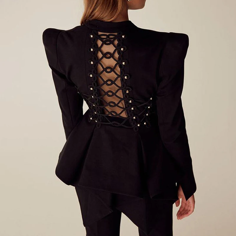 

HIGH STREET Newest Stylish 2019 Designer Blazer Jacket Women's Backless Rope Lacing Up Blazer