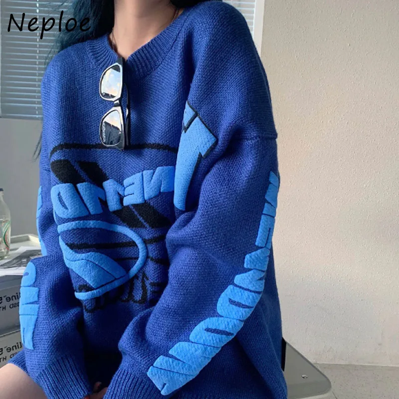Neploe 3D Letter Printed Sueter Mujer Loose Casual Lazy Style Knitted Pullover Woman Crewneck Sweaters Fall 2022 New Jumpers Top | Женская