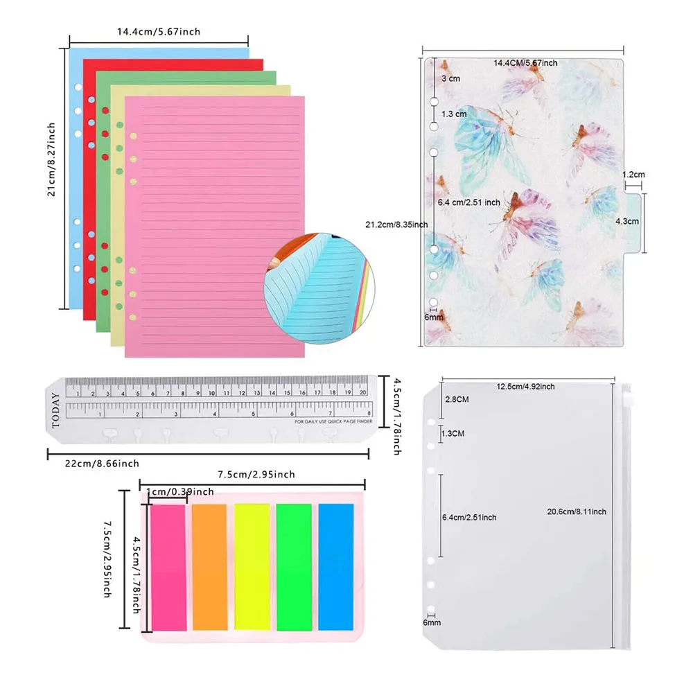 A6 Notebook Set 50 Sheets 6 Holes Loose-Leaf Lined Refill Paper 6 PCS PVC Binder Index Dividers Ruler And Note Flags Index Tabs