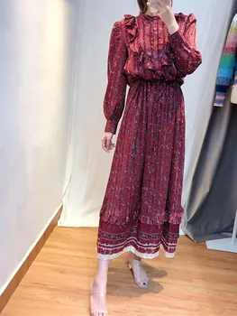 

Women Floral Printed Ruffled Maxi Dress Vintage Long Sleeve New Party Pleated Long Dresses With Buttons