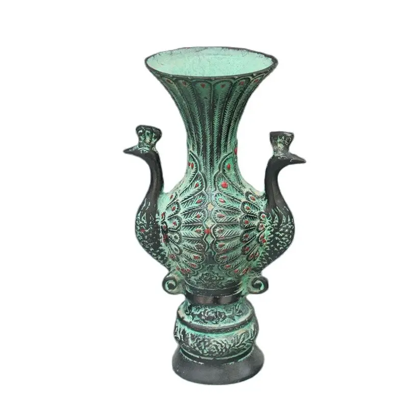 Chinese Ancient Bronze Jewelry Double Peacock Phoenix Vase Home