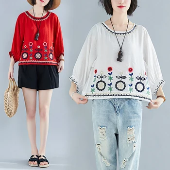 

Spring Summer New Style Women Embroidery National Style Literature Tops And Tshirts Art Loose Floral Red White Green Top