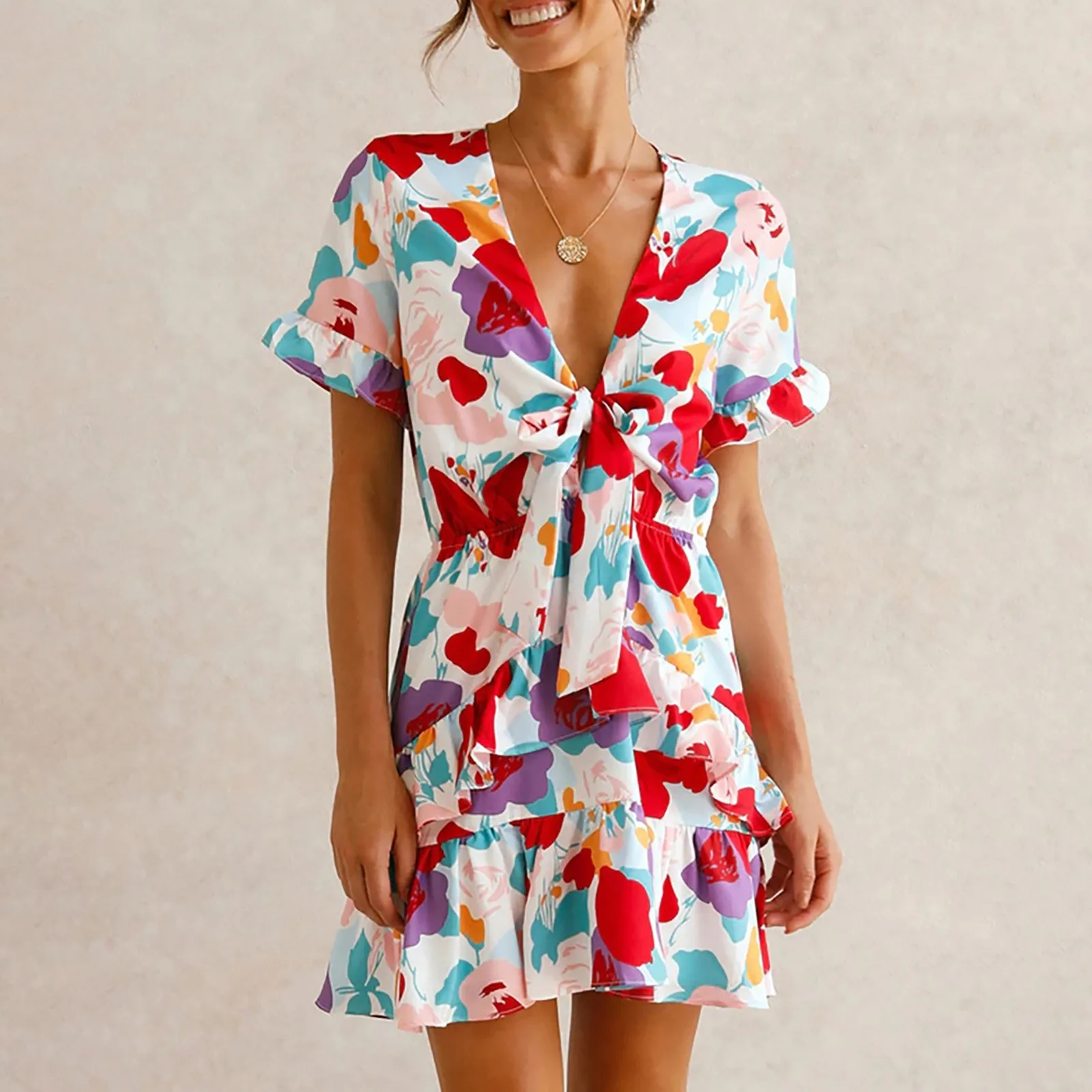 Fashion dresses for women 2021 Sexy V-Neck Bow knot Short-sleeved Print Stitching Ruffle Dress Temperamental Vestido Женский 1