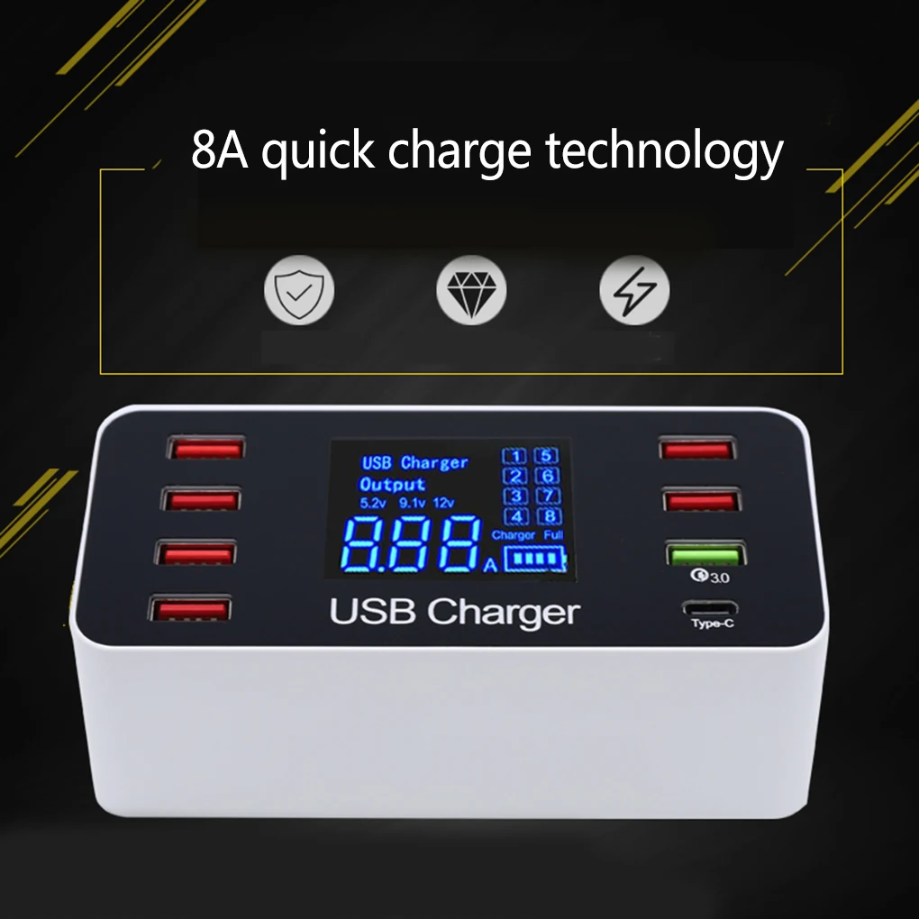 

US Plug LCD Digital Display 8 Port Charger Mobile Phone Tablet 7 USB 1 Type-c Ports Recharging Hub 5V 8A 40W