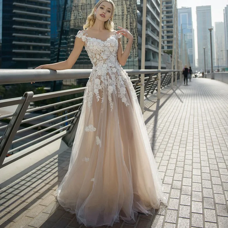 Bodas с кружевом и вышивкой Vestido De Novia хиппи жемчуг Бисер кнопки Бежевый свадебный наряд прозрачная кисея, тюль свадебное платье