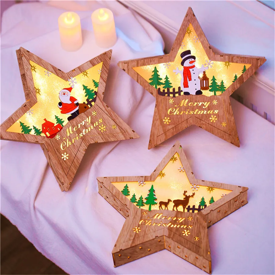 Thrisdar деревянные полые звезды Снеговик Лось Рождество светодиодный гирлянда фары ночные огни окно звезда Рождественский подарок украшения