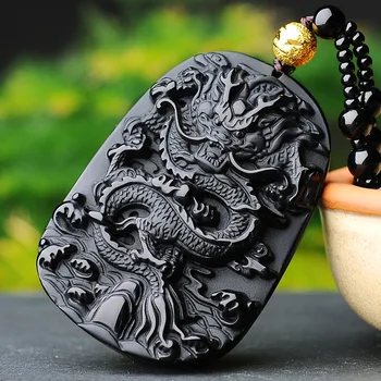 

Black Obsidian Necklace Pendant Chinese Dragon Feng Shui A Symbol Of Power Natural Gemstone Women Jewelry Mens Necklace Vintage