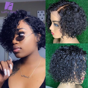 

Pixie Cut Short Curly Bob Wigs Brazilian Remy Human Hair 4x4 Lace Closure Wig 130 150% 180% Pre plucked For Black Women Luffywig