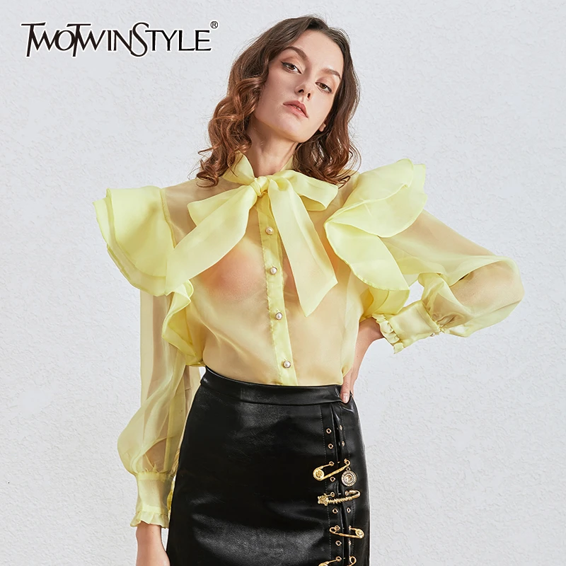 TWOTWINSTYLE, женские блузки со шнуровкой и бантом, со стоячим воротником, фонариком, с длинным рукавом, свободные рубашки для женщин, модная одежда, Новинка