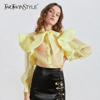 

TWOTWINSTYLE Ruffles Lace Up Bow Women Blouses Stand Collar Lantern Long Sleeve Loose Shirts For Female Fashion 2020 Clothes New