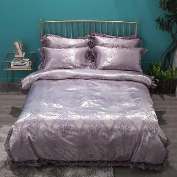 

4Pcs Purple Luxury 100% Silk Cotton Jacquard Bedding set Lace edge Duvet Cover Set Bed Sheet Pillowcases Queen King Size
