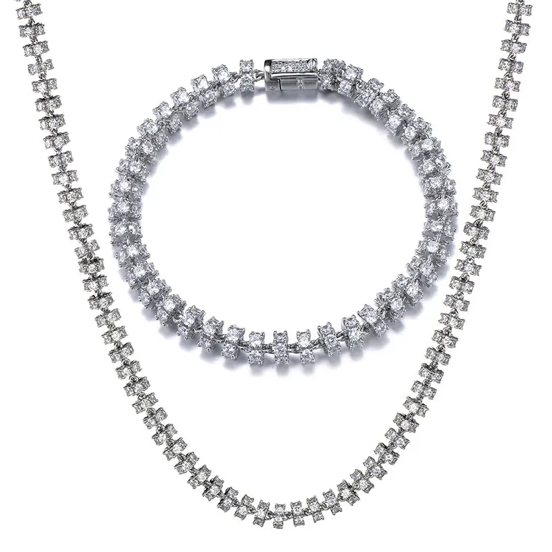 1Set Silver Hip Hop 6MM Set Bling AAA CZ Cubic Zirconia Iced Out Round Link Chain Necklace Bracelet For Men Women Rapper Jewelry 18''-24'' - Окраска металла: 1Set Silver