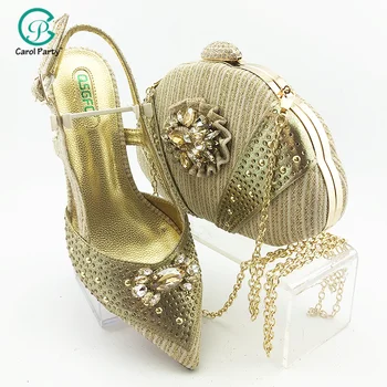 

2020 New Design Gold Color High Quality Italian Women Shoes and Bag Set Nigerian Lady Shoes Matching Bag for Wedding Party