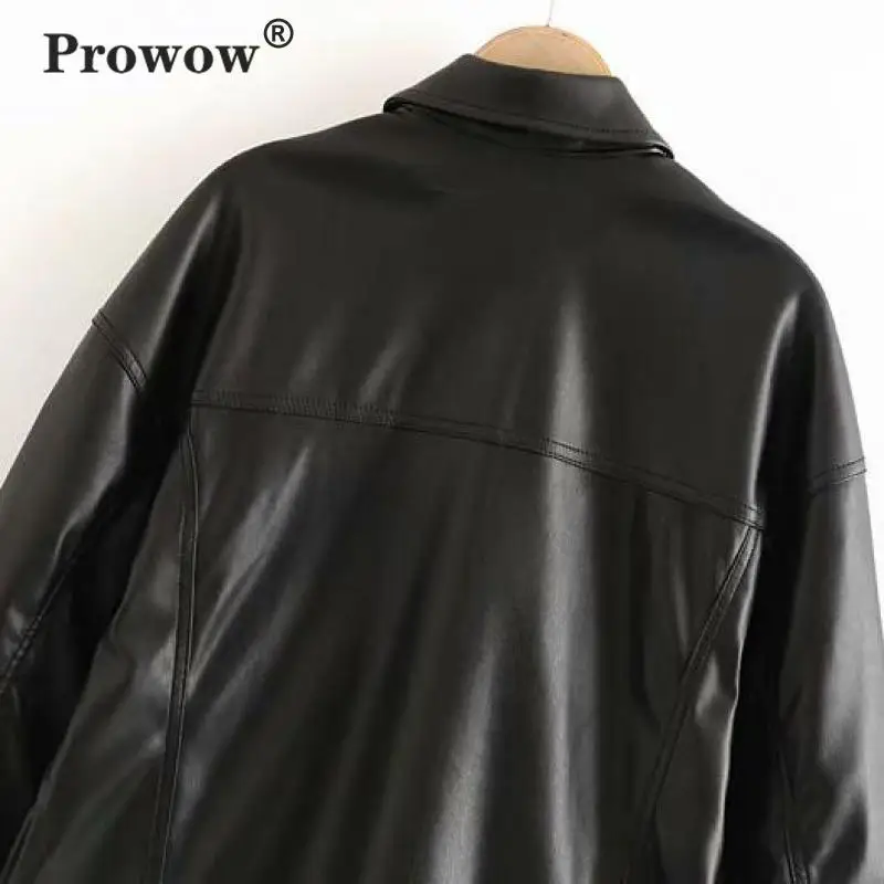Prowow Свободная куртка из искусственной кожи с отворотом и длинным рукавом, одноцветные Куртки из искусственной кожи, женское однобортное черное пальто с двойными карманами