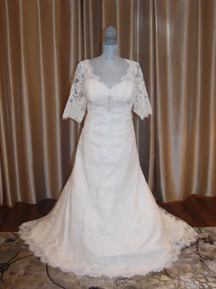 V Neck Half Sleeve Sheer Illusion Lace Appliques Custom Made Vestido De Noiva Renda Vintage Plus Size Wedding Dress