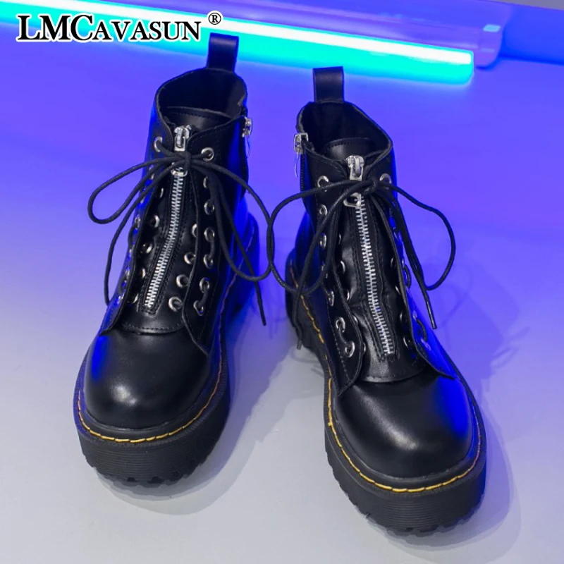 

LMCAVASUN Fashion Zipper Flat Shoes Woman High Heel Platform PU Leather Boots Lace up Women Shoes Ankle Boots Girls