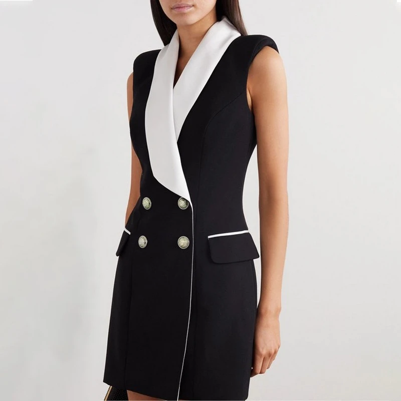 

S-XL high quality 2020 new color matching V-neck double breasted sleeveless slim fit OL vest woman dress with free shipping