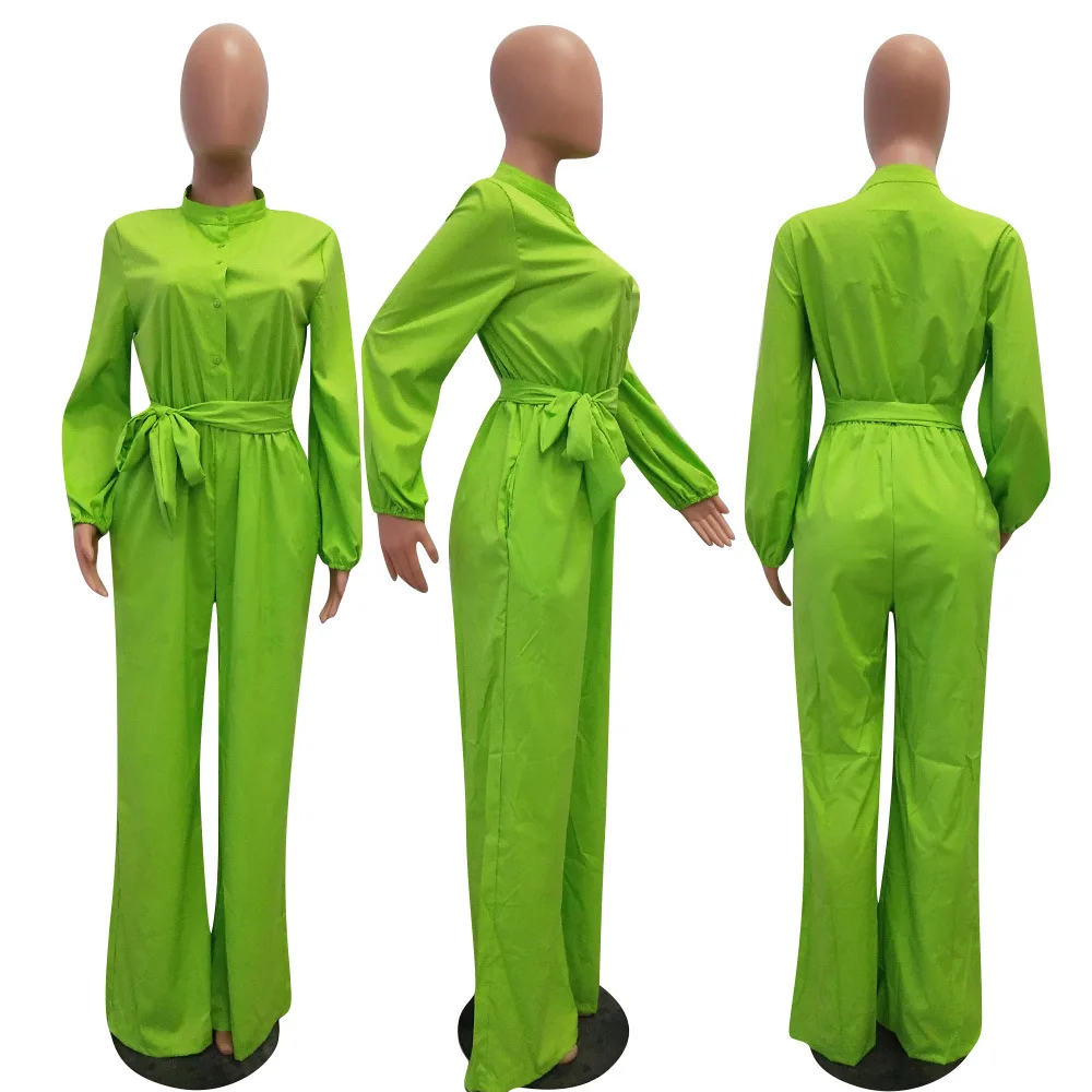 Элегантный Свободный комбинезон для женщин, повседневный комбинезон с широкими штанинами, Одноцветный цельный комбинезон с длинным рукавом, женская одежда больших размеров