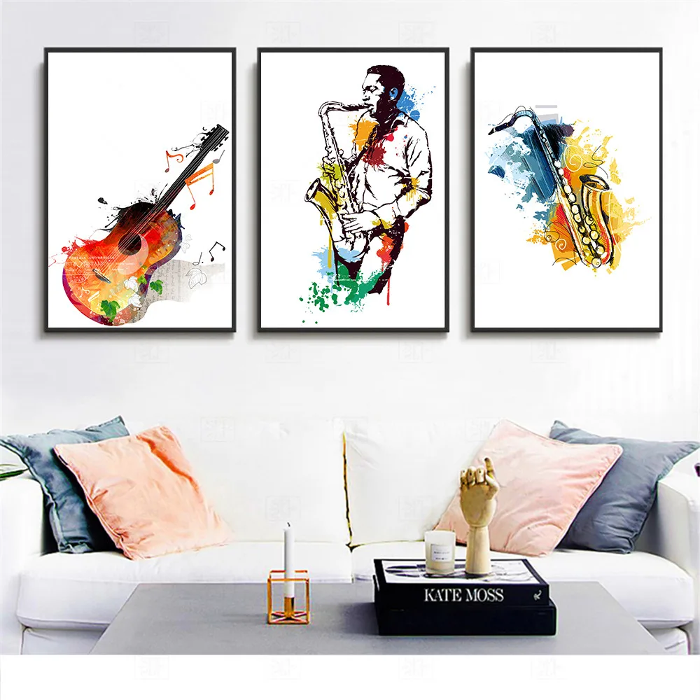 Canvas Watercolor Music Saxophone Guitar Posters And Prints Singer Dream Wall Pictures For Living Room Abstract Poster | Дом и сад