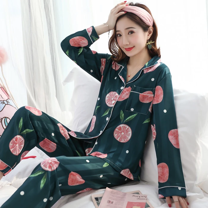 

Pajamas for Women 2019 Autumn Winter Cute Print Long Sleeve Silk Sleepwear Set New Lonxu Silk Pajamas Sets Young Girl Nihgttwear