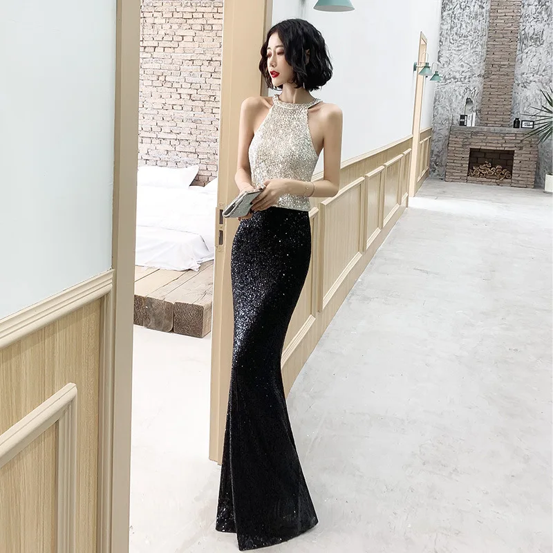 

Sexy Sequins Back Zipper Mermaid Evening Dress Sleeveless Formal Gowns Robe De Soiree Cheongsam Vestidos Size XS-3XL