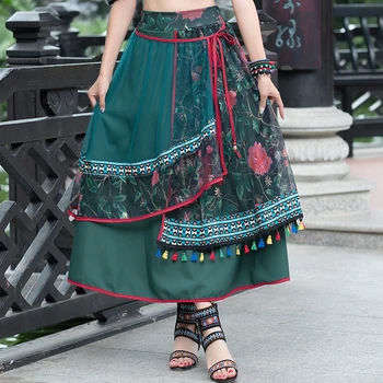 

KYQIAO femme jupes long ethnic green embroidery midi skirt for women autumn Mexico style vintage asymmetric tassels skirt