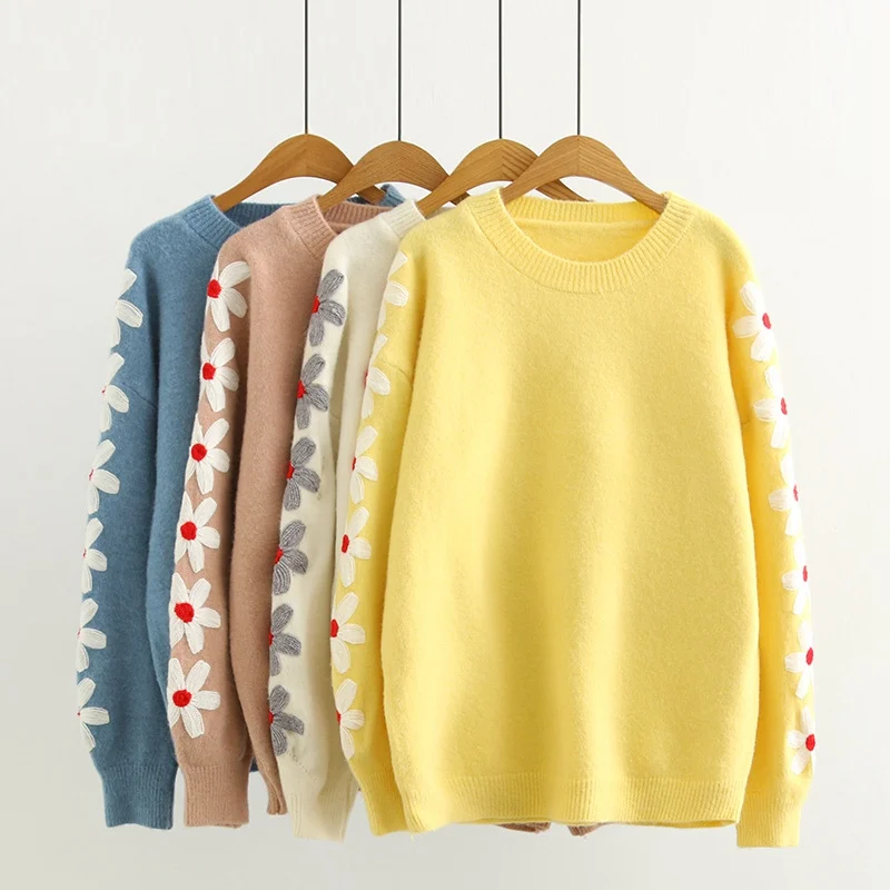 

2019 Japanese Style Autumn Women's Mori Girls Flower Loose Sweater Long Sleeve O-neck Knitwear Knit Pullover Sweaters Tops AFC23