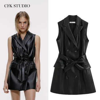 

Za Women Pu Minidress with Turn-down Collar Button Sleeveless Sexy Black Pu Vest Dress Femme Summer Party Cool Dress