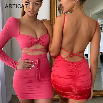 

Articat Sexy Hollow Out Lace Up Backless Dress Women Long Sleeve Bodycon Mini Dress Bandage Female Club Wear Party Vestidos 2020