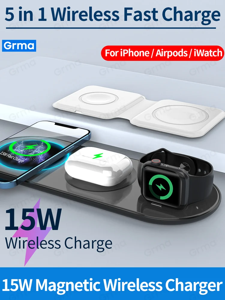 GRMA Original Magnetic Duo Charger for iPhone 12 Pro Max mini 15W Qi Wireless Fast Charging for Apple Watch iWatch AirPods Pro