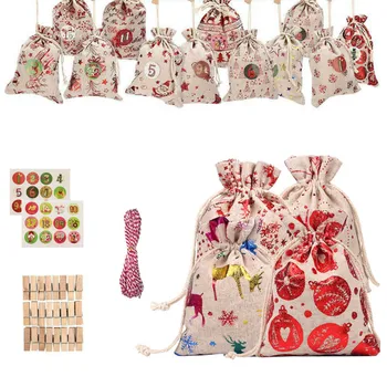 

Christmas Pattern Candy Bag 1-24 Advent Calendar Bundle Cotton Linen Gift Bag Hanging New Year Gift Christmas Party Decoration