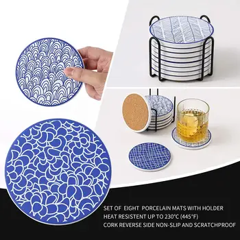 

Vancasso TAKAKI 8-Piece Ceramic Porcelain Coasters Round Coaster Cup Mats Pads Set with Cork Base for Family Office and Bar