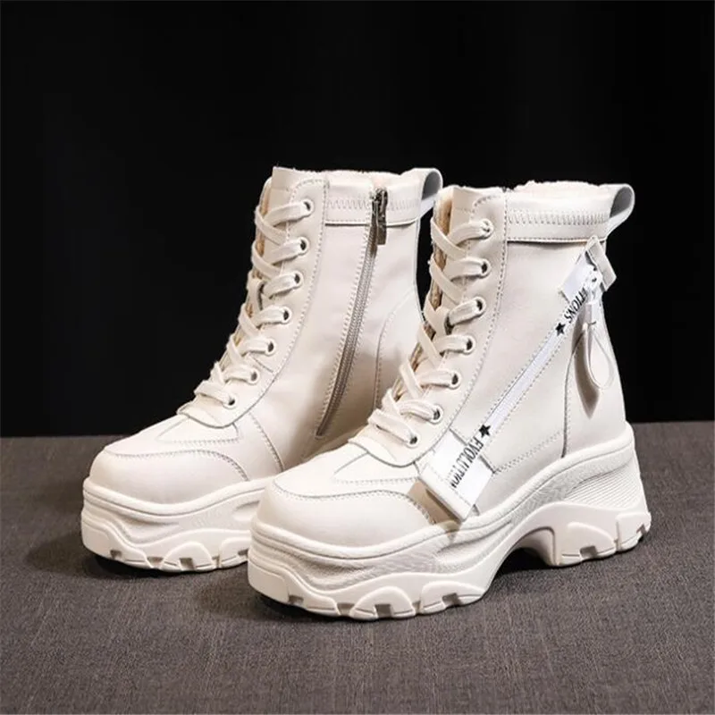 DIWEINI Leather Women's Chunky Boots Winter Thick Fur Warm Women Platform Sneakers Fashion Combat Boot Woman Martin Shoes