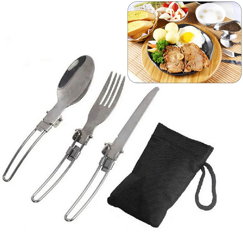 

Stainless Steel Folding Tableware Portable Outdoor Camping Survival Set Picnic Tableware Three-piece Knife Fork Spoon Suit