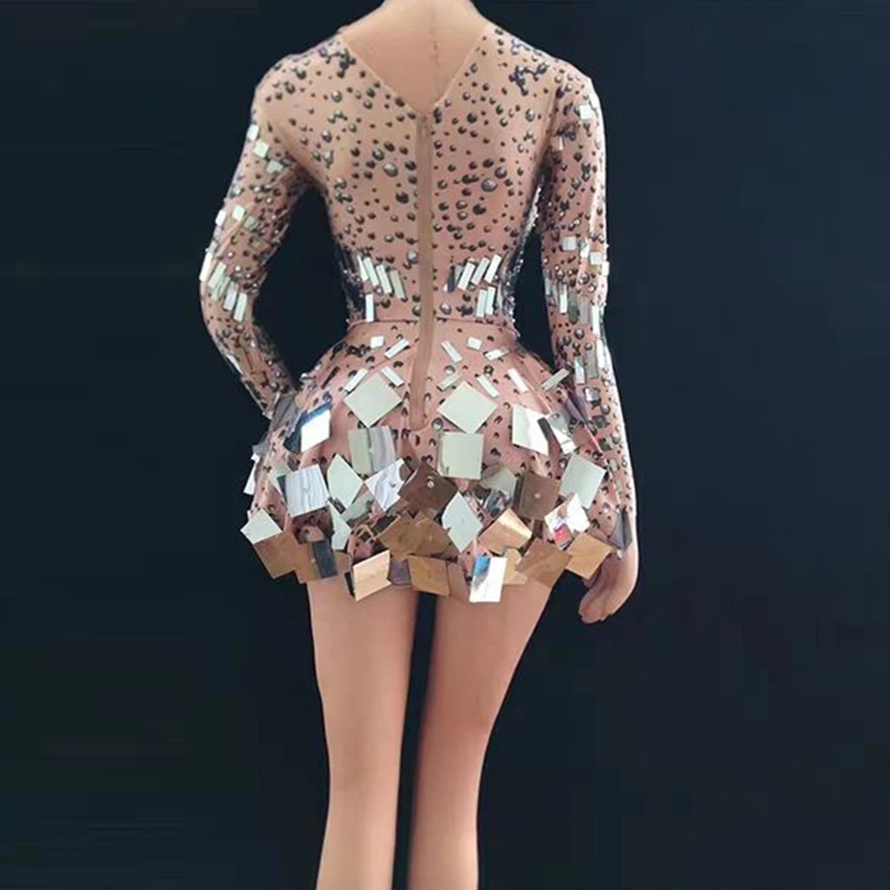 Incarnadine color Singer mirror dress stage dance wears Sparkly Silver Sequins Bodysuit Dress Rhinestone Costume