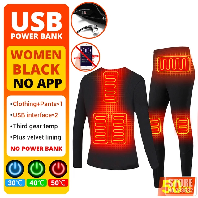 Winter Heated Underwear Suit Smart Phone APP Control Temperature USB Battery Powered  Fleece Thermal Motorcycle Jacket NEW 6 Area Women Black