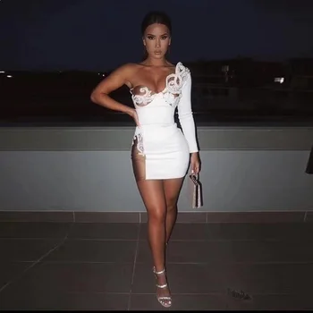 

2019 White Fashion One Shoulder Party Dress Women Long Sleeve Sexy Backless Tight Mini Club Celebrity Elegant Summer Dresses