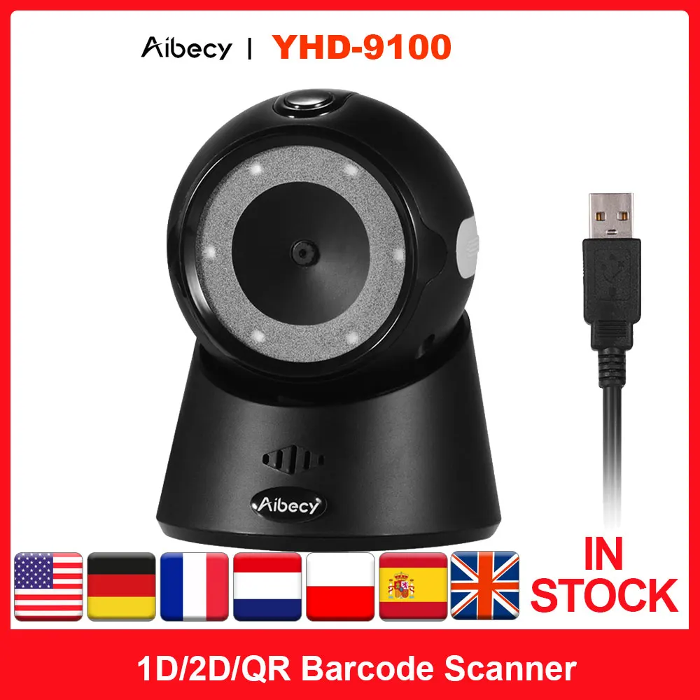 Настольный сканер штрих-кодов Aibecy YHD-9100 1D/2D/QR USB проводной считыватель совместимый