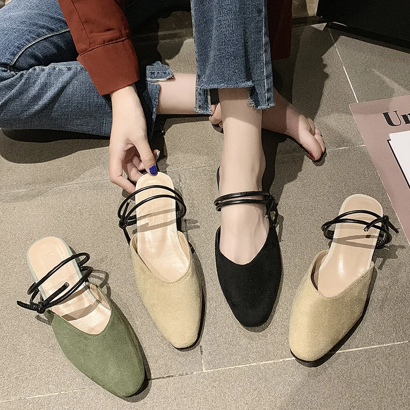 

Slides Slippers Women Summer Cross-tied Square heel Flock Woman Shoes Luxury Butterfly-knot Low Shallow Cover Toe Sliders